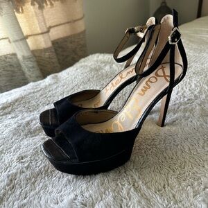 Sam Edelman Women's 9.5 Kayde Platform Pump Heel Black Leather Suede Ankle Strap